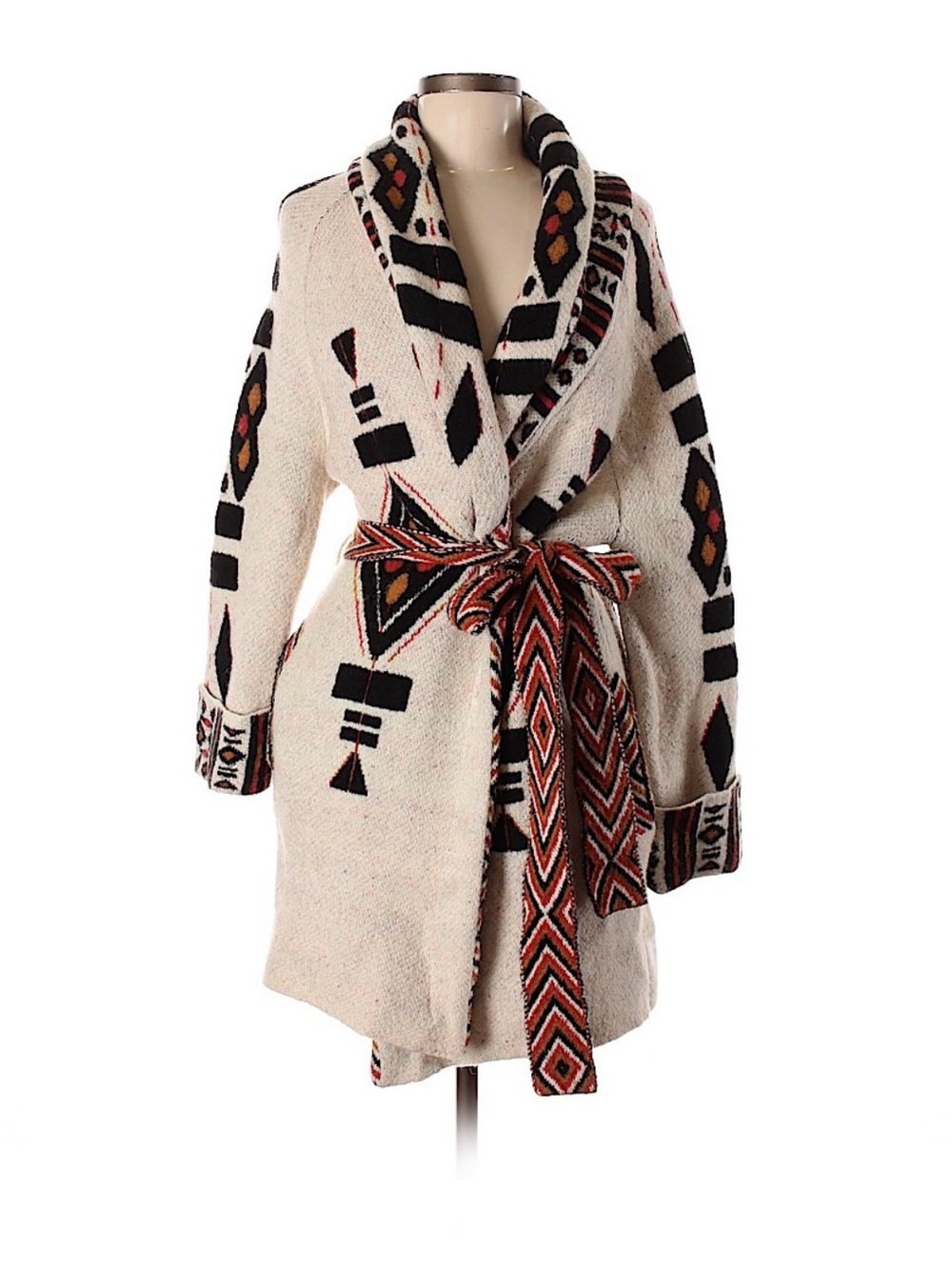 Zara Ivory Aztec Knit Wrap Cardigan with Geometric Belt